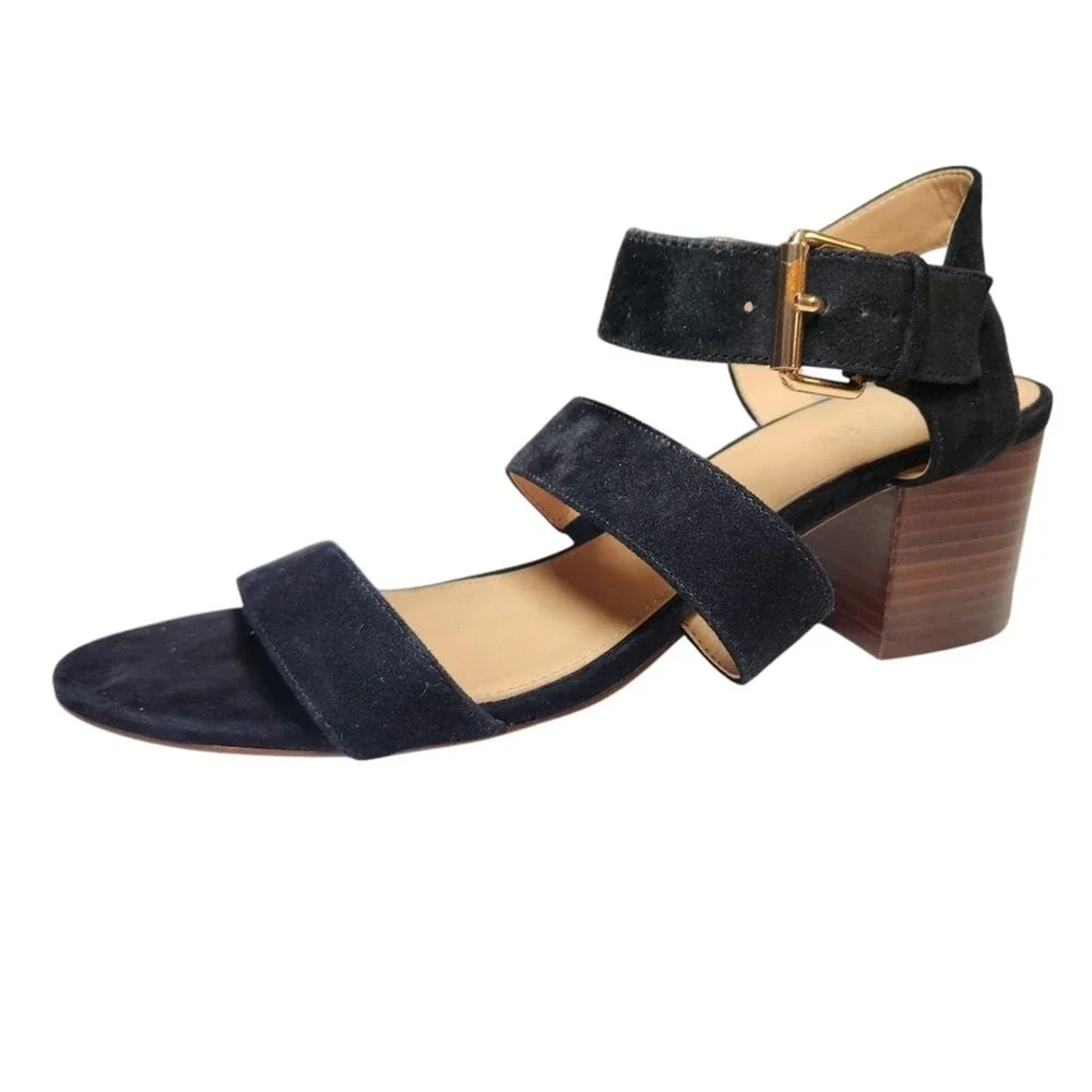 J Crew Three Strap‎ Suede Sandal Block Heel Black Ankle Strap Gold Buckle Prep 9